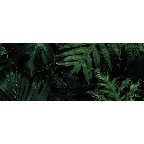 Tableau jungle plantes pour salon | Tableau sur toile feuille exotique | Tableau nature feuillage noir et vert pour cuisine 1,0 x 0,4 m (1/2)