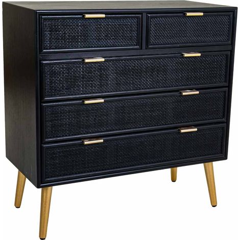 Cómoda de madera y rejilla lacado negra 80x39,5x81