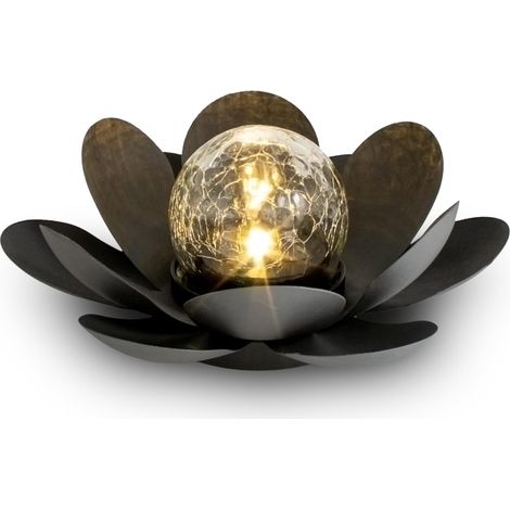 Lampe Solaire Lotus - 1 Pièce - Métal et Verre Craquelé - Éclairage Blanc Chaud Autonome - Décoration Jardin Terrasse Balcon - Noir 24x10 cm (1/5)