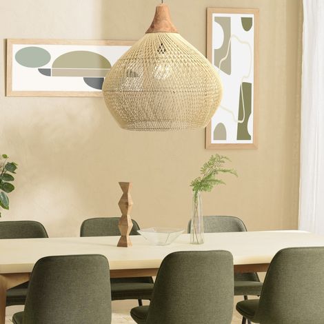SIXTINE - Suspension 'cloche' 68x68cm bois de teck et rotin naturelle (1/5)