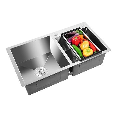 Évier encastrable en acier inoxydable - Double évier de cuisine avec drainer - Double évier de cuisine - 2 bacs - 78 x 43 x 21 cm (1/5)