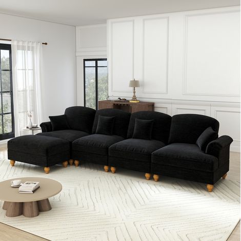 Divano angolare, divano da 4 posti con braccioli, 4 cuscini, 1 poggiapiedi, angolare rimovibile e piedini in legno, in tessuto felpa (chenille), nero (1/5)