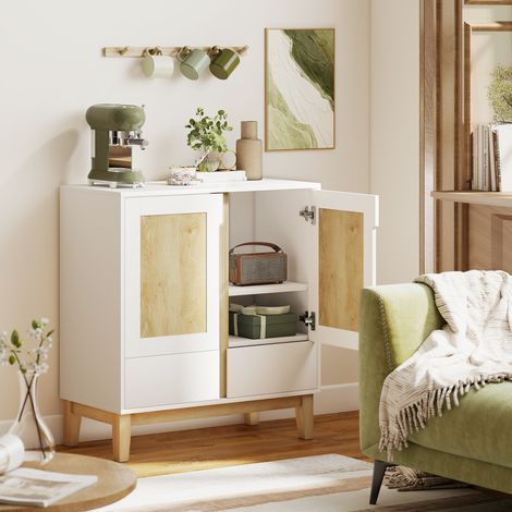 Buffet de rangement blanc et chêne 80x40x86 cm, 2 tiroirs, 2 portes, étagère réglable.