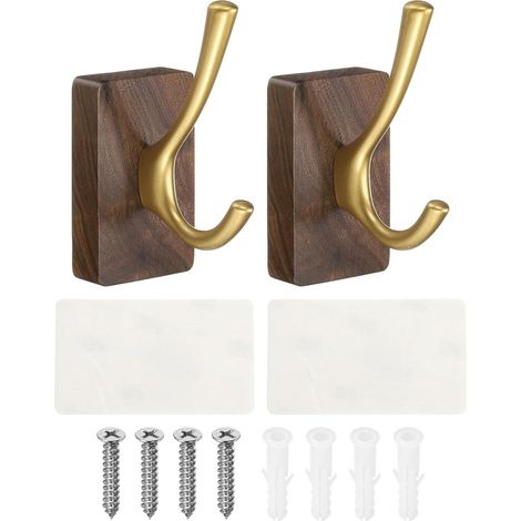 Set di 2 ganci adesivi in legno da parete, portasciugamani, ganci resistenti, per camera da letto, cucina, bagno e accappatoi, colore oro.