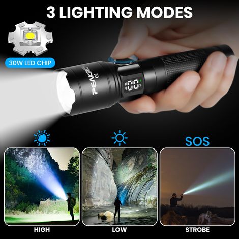 Torcia LED ultra potente 100000 lumen, torcia ricaricabile tramite USB, potente torcia a lungo raggio, impermeabile IP65 per campeggio, escursionismo, emergenza (1/4)