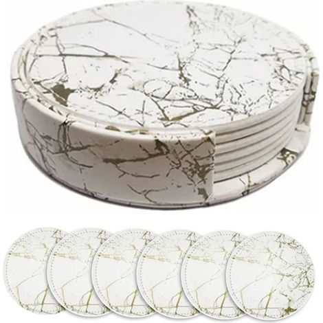 Lot de 7 sous-verres réversibles en cuir rond aspect marbre platine, 10 cm, pour la maison (1/5)