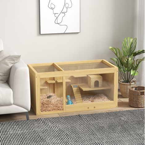 Gabbia per criceti 55.5x23.5x107.5 cm, con 2 ambienti e piattaforme, tetto apribile, legno naturale (1/5)