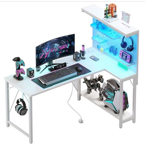 L-förmiger 120 x 80 cm Gaming Table with Perforated Panel and Shelves, Corner Desk with Socket, Reversible Desk with 3 Detachable Shelves for Home and Bedroom, White (1/5)
