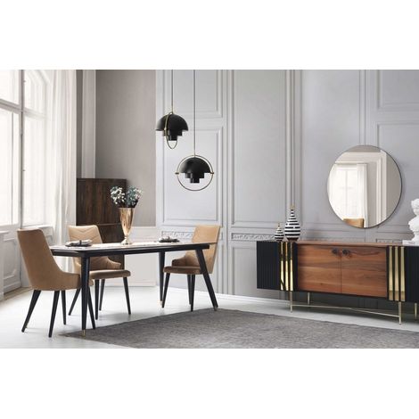 Comedor completo GOLD con 4 sillas nogal, negro y dorado