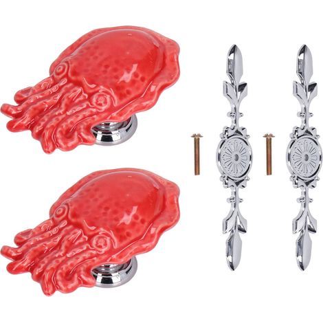 Poignée de Tiroir en Alliage de Zinc 2Pcs, Bouton Décoratif pour Cuisine et Armoire, Motif Poulpe Rouge 1077D (1/5)