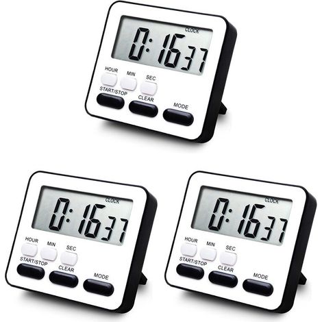 Temporizador de cocina 3X, reloj despertador multifuncional, reloj de escritorio, negro. (1/4)