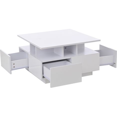 Mesa de café blanca 70 x 70 x 40 cm con 4 cajones y LED MODENUIT (1/5)