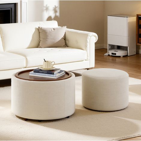 Hocker Sitzmöbel Stauraum 58 cm Leinen Beige OKMYHOME (1/5)
