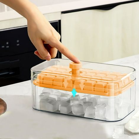 Bac à glaçons avec couvercle et récipient, 32 moules avec cuillère à glace, rangement empilable pour congélateur, maison (1/4)
