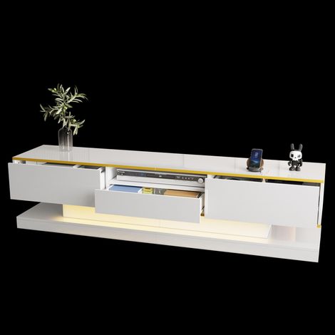 Meuble TV moderne avec trois tiroirs et un compartiment ouvert - finition laquée brillante avec éclairage LED multicolore, 180 x 38 x 45 cm