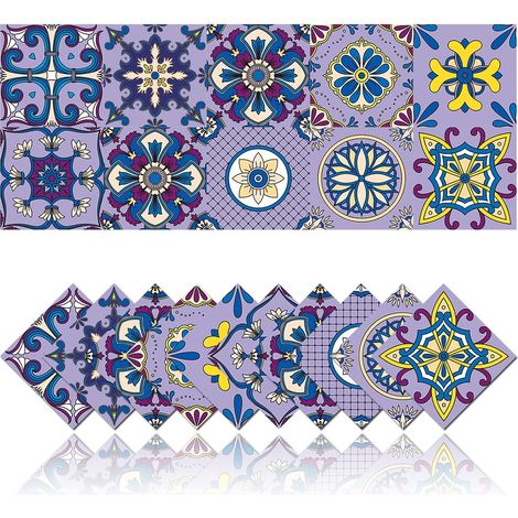 20 Pièces Autocollants Carrelage de Cuisine Carrelage Adhesif Mural Stickers de Salle de Bain Autocollants Décoration Murale PVC étanche Mosaïque Style Rétro (20x20cm,Violet) (1/5)