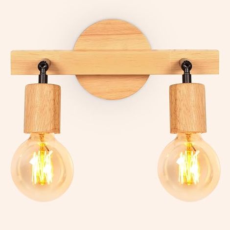 Applique Murale Interieur E27 Lampe Murale Bois, Tête de lampe Orientable et pivotante Lampe de Mur, Luminaires Intérieur pour Salon Chambre à coucher Bureau (1/5)