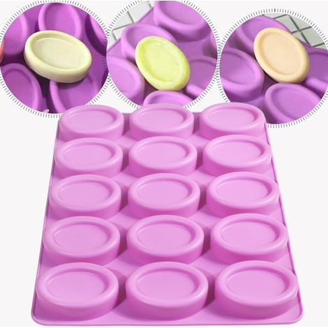 Un juego de dos moldes ovalados de silicona antiadherentes con 15 cavidades cada uno, aptos para pasteles, jabones, chocolates, galletas, bombas de baño y tartas de queso. (1/5)