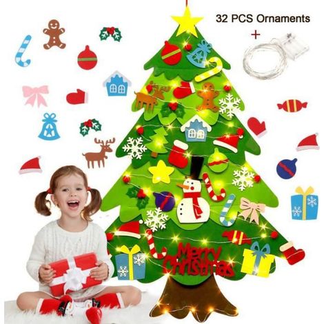 95cm Feutrine Sapin de Noël DIY 3D avec 32 ornements et 50 LED guirlandes de Noël décoration pour enfants (1/4)