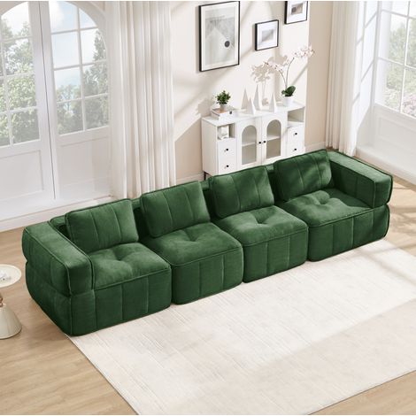 Canapé modulable 4 places 344x93x67 cm, assise profonde, sans montage, polyester vert (1/5)