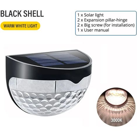 (Noir-blanc chaud) Lampes solaires LED pour clôture, appliques murales extérieures étanches, compatibles avec les panneaux ondulés, pour clôtures, terrasses, jardins et allées décoratives. (1/5)