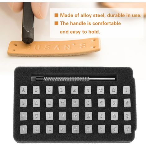 36 tampons en acier pour lettres et chiffres, outil de perforation pour cuir, idéal pour le bricolage et l'impression sur cuir (3 mm). (1/5)