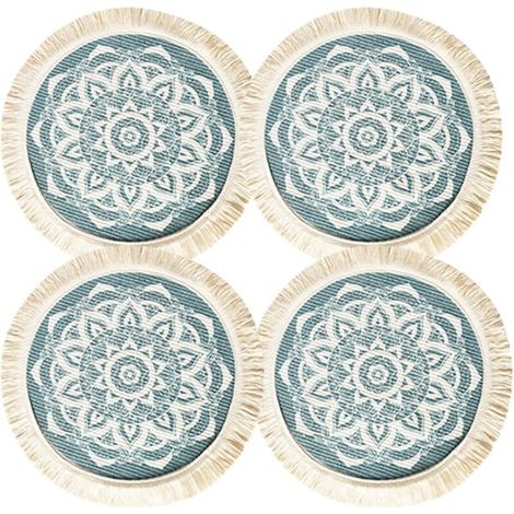 CSPARKV Lot de 4 Sets de Table Ronds en Coton tissé de Style bohème pour Plats Chauds et Boissons Chaudes, 33 cm, lavables, Motif Mandala, Pompons, pour Table de Salle à Manger, décoration d'intérieur (1/4)