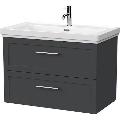 Stonnall Traditional Wall Hung 2 Drawers Vanity Unit with Traditional 1 Tap Hole Fireclay Basin, 800mm, Dark Grey (1/4)