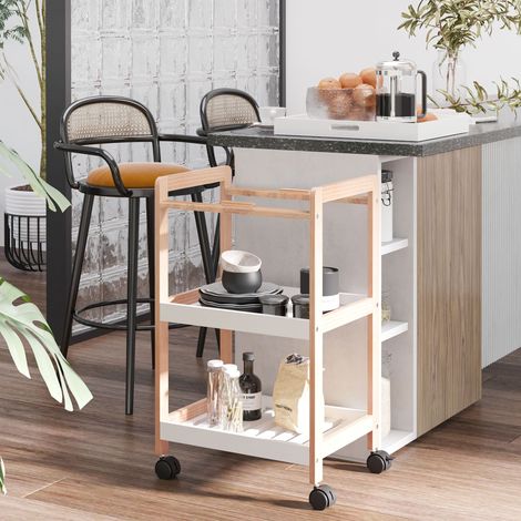 Küchenwagen mit Rollen, 2 Ablagen + abnehmbares Tablett, Kiefernholz und MDF
