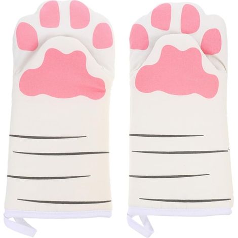 Coppia di guanti da forno, con motivo a zampa di gatto, antiscivolo, resistenti al calore, bianco/rosa (1/5)