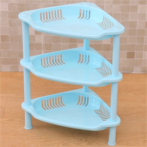 Meuble de rangement pour salle de bain et cuisine - Étagère triangulaire 3 niveaux PP installable à sol - Bleu - Stable et facile à monter