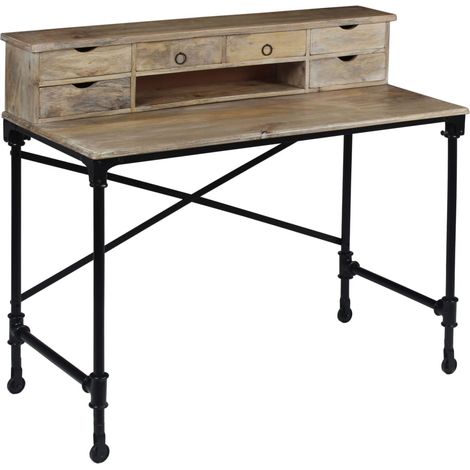 Bureau Informatique, Table de travail, Meuble de Bureau Bois de manguier massif et acier 110 x 50 x 96 cm HYB55711 (1/5)
