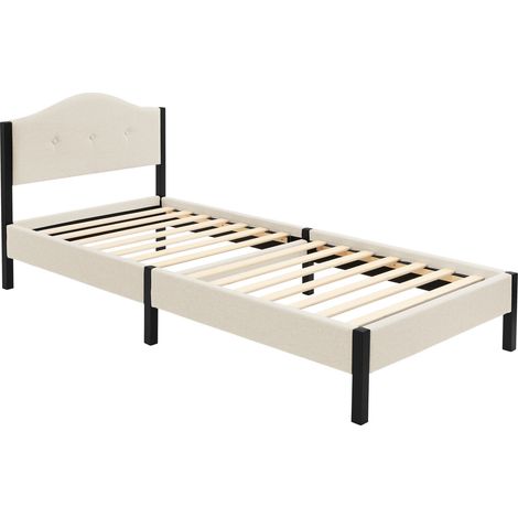 ML-Design Letto 90x200 cm, Giroletto Singolo, Struttura Robusta, Testiera Imbottita e Rete a Doghe, Telaio in Acciaio e Tessuto di Lino, Beige, Spazio di Archiviazione Sotto il Letto, per Cameretta (1/5)