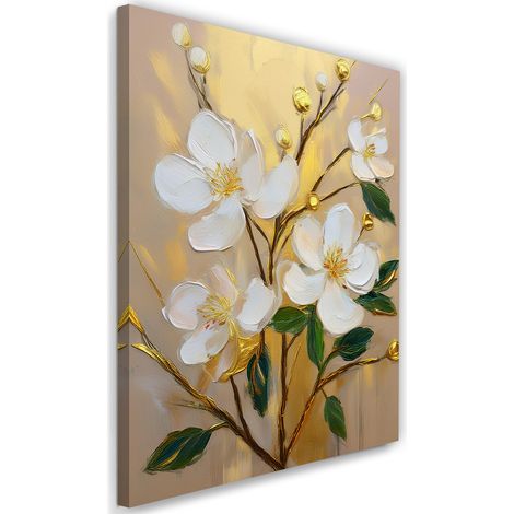 Tableau déco Fleurs peintes en blanc sur fond doré 70x100 (1/5)