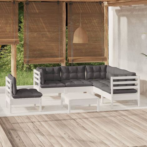 Salon de jardin 6 pcs Ensemble Table et Chaise de Jardin - avec coussins Blanc Bois de pin BV261415 - BonneVie (1/5)