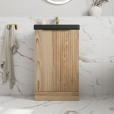 Fluted 500mm Bathroom Vanity Unit Basin Floorstanding Cupboard Soft Close Oak (1/5)