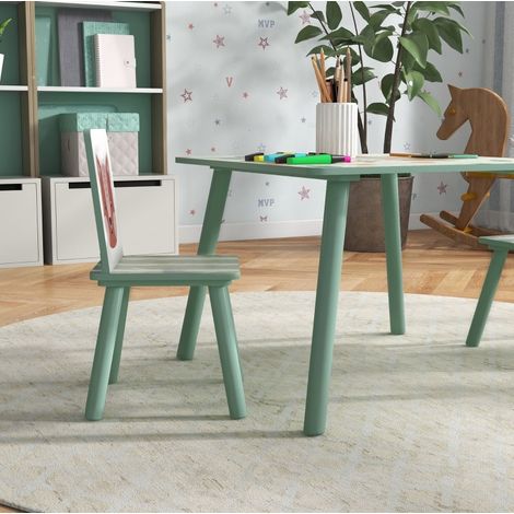 CHICFURN Mesa y 2 sillas infantiles 60x60x44 cm de madera verde, motivo animal, 3-8 años (1/5)
