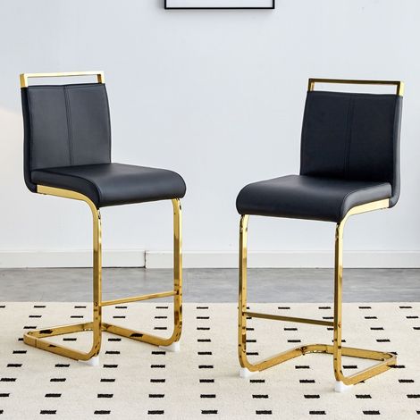 Lot de 2 chaises hautes nordiques simili cuir noir pieds dorés bar cuisine (1/5)