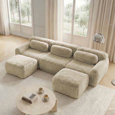 Modulares U-Sofa Hellkhaki aus Plüsch mit Kissen und rutschfester Basis (1/5)