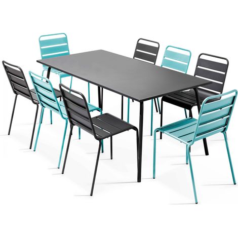 Ensemble table de jardin et 8 chaises en métal gris et turquoise - Palavas