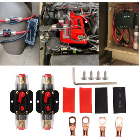 12-24V 2-teiliger Inline-Car-Audio-Leistungsschalter mit manuell rückstellbarem Sicherungshalter, Anschlusslaschen und Schrumpfschlauch, für Auto- und Boots-Audiosysteme, 80A. (1/5)