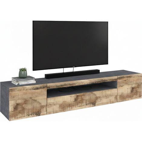 Dmora - Fernsehschrank Dmarso, Niedriges Sideboard für Wohnzimmer mit 3 Türen, Sockel für TV-Möbel, 100 % Made in Italy, cm 200x40h37, Schiefer und Ahorn
