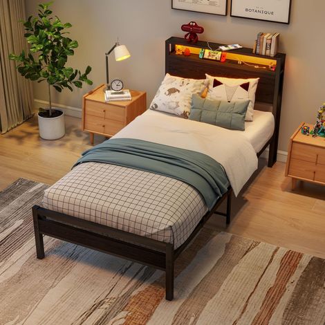 Cama metálica 90x200 con almacenaje, USB y LED, negra, OKWISH (1/5)