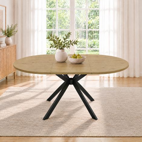 Table à Manger Extensible 100/140 x 100 cm, 4 à 6 Places, Plateau Rond Convertible en Ovale, Rallonge Intégrée, Pieds en Métal - Bois (1/5)