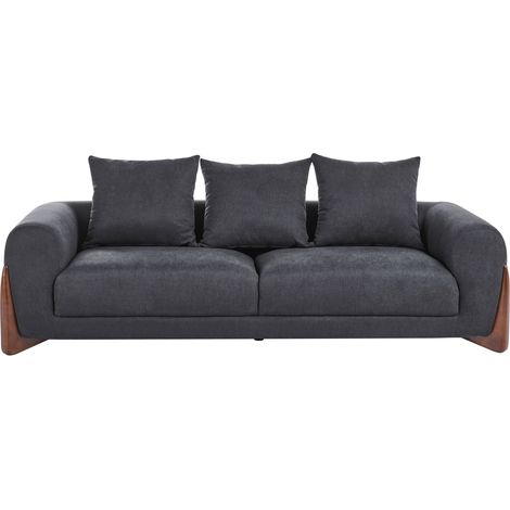 3 Seater Sofa Black Fabric Upholstery Wooden Legs with Armrests Loveseat Living Room Modern Style VINLIDEN
