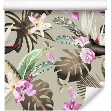 Papel pintado con flores y hojas de monstera para salón y dormitorio, 50x1000 cm. (1/5)