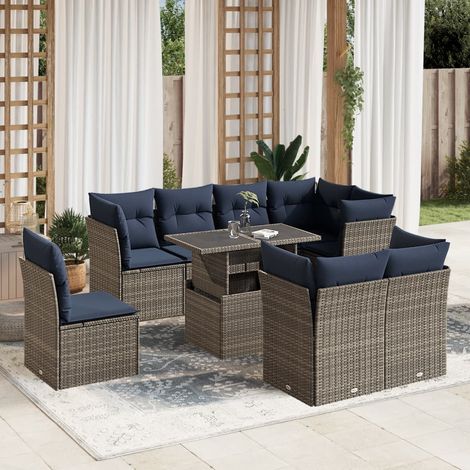 9-teiliges Gartensofa-Set mit Kissen, grau, Polyrattan (1/5)