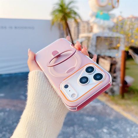 (iPhone 17, Rose) Coque de téléphone transparente magnétique mate pour iPhone avec anneau de support métallique MagSafe