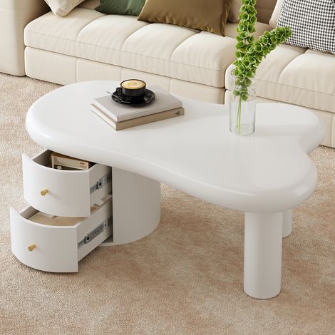 DESMIU Table Basse Irrégulière avec 2 Tiroirs et Poignées en Alliage d'Aluminium pour Salon, en MDF, Blanc, 97 × 64 × 42 cm (1/5)