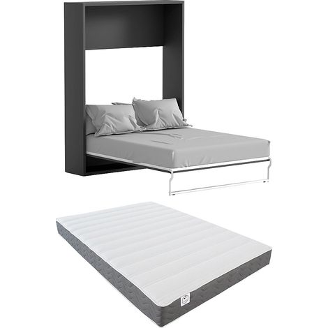 Lit escamotable 160 x 200 cm - Ouverture verticale manuelle - Anthracite et naturel + Matelas - MALINA II